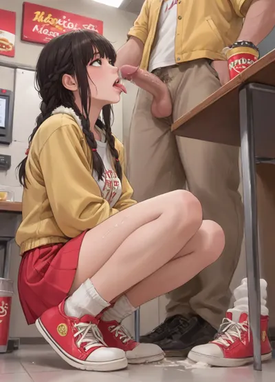 in Mcdonald hall restaurent, tables, dynamic composition, Best quality, masterpiece, high resolution, detail face, score_9_up, score_8_up, score_7_up, (20yo model), (dark dark hair, two loose braid, straight bangs), (Mc donald t-shirt), (yellow jacket, fur trimmed), (red microskirt), (skirt pulled up), (the girl has converse shoes), squatting, blowjob, (((licking dick))), looking up, saliva, wet face, sloopy, wet clothes, medium saggy breasts, no panties, pubic hair, wet boobs, cum dripping from pussy, cum overflow, excessive cum, cum on legs and ass, in a McDonald, peoples eating in background, (reiq:.5), ((low view)), ((Hentai)), <lora:outline_xl_kohaku_delta_spv5x:1.2>, <lora:NEOTOKIOXL_0.2_RC:1.1>, <lora:Ppolar-P3v1-NbVp10:.8>, <lora:cartoon_stickers_xl_v1:.7>