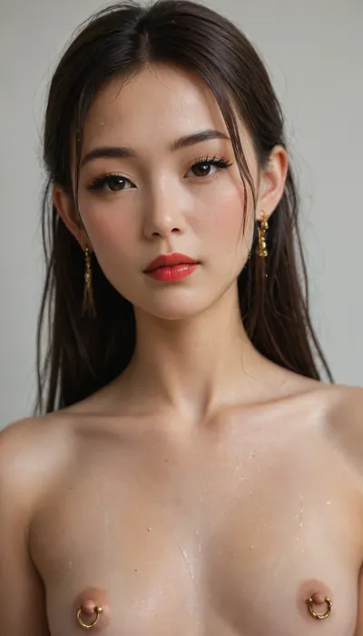 (Asian:2.5), girl, standing like a model, (Close-up of girl:1.5), (look at me:1.4), (long earrings:1.4), bright red lipstick, small breasts, long big eyelashes, (((long straight smooth hair))), ((naked naked)), (((18 years old))), 1girl, (((slender long legs))), (((front view))), (face), innocent look, (focus very hairy pussy visible, vagina anal), (gold pierced nipple rings:1.7), (very wet dripping crotch:1.7), masterpiece, (maximum quality:1.4), (maximum detail:1.4), full body view, legs view