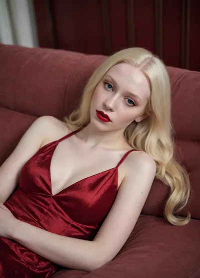 25 year old albino girl, laying on the couch in living room, blonde long hair, wearing red crimson dress, red lipstick, full body view