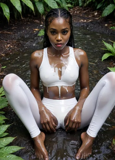 view from above, black ebony women model, 30 years, sitting in the jungle, oil is pouring over her body, oil is also flowing down her body, white wet leggings, <lora:add-detail-xl:2>, <lora:DetailedEyes_V3:2>, <lora:Glide_fashion_sdxl:.7>, <lora:Darker_skin_SDXL:2>, <lora:271617_training_data:.7>