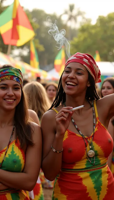 (Masterpiece, 8k, ultra realistic, high quality photography, hdr, High resolution, perfect image composition), A cluster of women laughing under the Jamaican sun, their vibrant headwraps and tie-dye dresses mirroring the kaleidoscope of reggae flags fluttering behind them. One leans back, eyes half-closed as she exhales a slow curl of ganja smoke that mingles with the hazy golden light, another passes a hand-rolled spliff, her fingers stained with henna while a third tilts her face skyward, dreadlocks spilling over her shoulders as the bassline pulses through the crowded festival grounds. Sweat glistens on their skin like scattered jewels