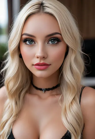score_9, score_8_up, realistic directional lighting, gentle bokeh, ambient occlusion, 18 year old girl, 4ng3l face, very thick long wavy platinum blonde hair, ((full make-up:1.6)), huge blue eyes, ((long thick black false eyelashes:1.8)), ((heavy black eyeliner:1.2)), tiny nose, full plump lips, cupid's bow lips, ((pouting:1.3)), dark pink lipstick, ((extremely glossy shiny lustrous lips:1.8)), pearl choker, sexyblonde, <lora:MJ52:1.1>, <lora:attractive_notrigger:2>, <lora:DetailedEyes_V3:2>, <lora:sexyblonde:2>