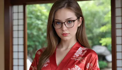 three-quarter shot, (natural beauty:1.33), a gorgeous 19 year old skinny secretary, young adult, gorgeous young looking woman, beautiful, cute, sweet, endearing, charming, model, goddess, realistic detailed eyes, realistic detailed face, realistic detailed skin, expressive blue eyes, fresh face, shy, gentle smile, busty, round tits, vivid colors, gentle seduction, tight and firm body, slender build, petite, (long brown hair), wearing red open japanese mini silk kimono, girl fully dressed in a mini silk kimono, nerdy glasses, Shinto shrine, hyper realistic photo, full hd, 8K, 3d view, masterpiece, high detail, ultimate realism, photorealistic