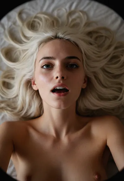 woman, selfie Polaroid photo of a very pretty naked college 25yo skinny woman in a dorm room lying on her back with messy long white hair and no makeup with her mouth open having an orgasm, (detailed face and eyes:1.2), Aerial view, shot from above, view from ceiling, erect nipples, her face is covered in cum, cum on face, facialized, superfacialized, <lora:facialized:.8>, mature