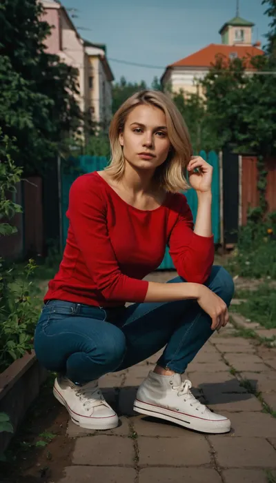 girl, 25 years old, blonde with shoulder-length hair, named Ira, sharp features, confident look, brown eyes, Russian roots, no makeup, medium height, athletic, medium-sized breasts, bully, student, likes to walk down the street, sits on squatting, no tattoos, skinny jeans, sneakers, red top, in the backyard of a Russian city