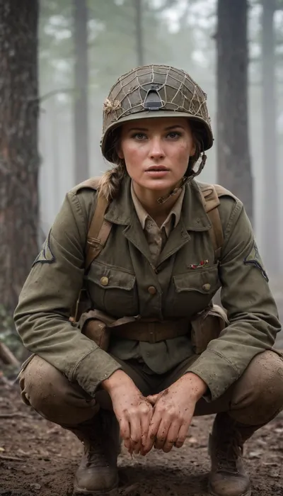 Beautiful female WWII American paratrooper, strong and determined with an athletic build. Wearing authentic World War II paratrooper uniform, M1942 paratrooper jacket, web gear, grenades, boots, and jump helmet with netting. Face smeared with mud and camouflage paint, hair tucked under helmet, expression fierce but compassionate. Armed with an M1A1 carbine, standing in the ruined streets of Normandy or a foggy forest after a drop, tracer fire in the distance. Ultra-realistic cinematic war photography style, highly detailed, muted gritty colors, dramatic lighting, atmosphere of courage and sacrifice.