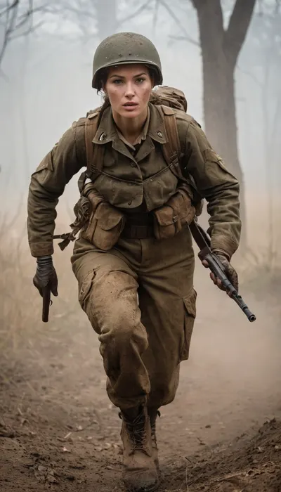 Beautiful female WWII American paratrooper, strong and determined with an athletic build. Wearing authentic World War II paratrooper uniform, M1942 paratrooper jacket, web gear, grenades, boots, and jump helmet with netting. Face smeared with mud and camouflage paint, hair tucked under helmet, expression fierce but compassionate. Armed with an M1A1 carbine, standing in the ruined streets of Normandy or a foggy forest after a drop, tracer fire in the distance. Ultra-realistic cinematic war photography style, highly detailed, muted gritty colors, dramatic lighting, atmosphere of courage and sacrifice.