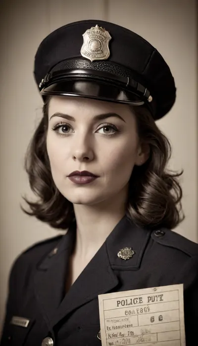 (Monochrome photograph:1.5), (film grain:1.5), Beautiful female 1940s Chicago police officer in a vintage police mugshot style photo. Slim but strong build, fair skin, bold lipstick, hair neatly styled in 1940s waves under a tilted police cap. Wearing an authentic 1940s Chicago police uniform, navy jacket with brass buttons and badge. Shot up against a plain wall with height chart markings, holding a vintage mugshot placard with serial numbers. Black and white photography, grainy 1940s film texture, harsh flash lighting, slightly faded and worn look, authentic period accuracy.