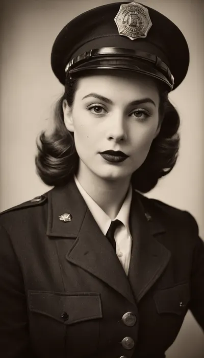 (Monochrome photograph:1.5), (film grain:1.5), Beautiful female 1940s Chicago police officer in a vintage police mugshot style photo. Slim but strong build, fair skin, bold lipstick, hair neatly styled in 1940s waves under a tilted police cap. Wearing an authentic 1940s Chicago police uniform, navy jacket with brass buttons and badge. Shot up against a plain wall with height chart markings, holding a vintage mugshot placard with serial numbers. Black and white photography, grainy 1940s film texture, harsh flash lighting, slightly faded and worn look, authentic period accuracy.