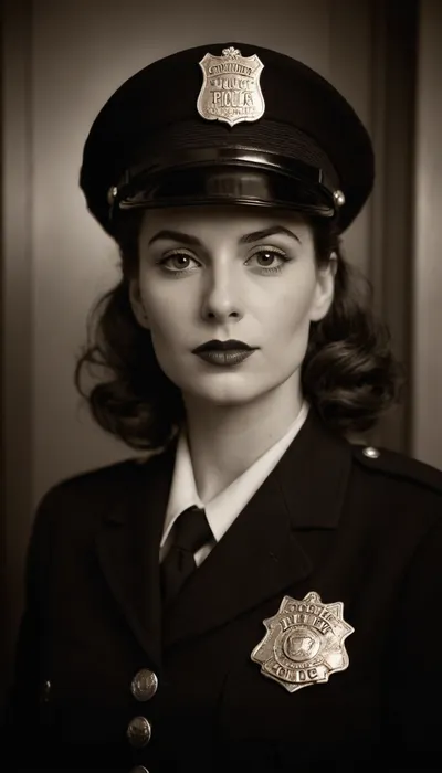 (Monochrome photograph:1.5), (film grain:1.5), Beautiful female 1940s Chicago police officer in a vintage police mugshot style photo. Slim but strong build, fair skin, bold lipstick, hair neatly styled in 1940s waves under a tilted police cap, large bimbo breasts. Wearing an authentic 1940s Chicago police uniform, navy jacket with brass buttons and badge. Shot up against a plain wall with height chart markings, holding a vintage mugshot placard with serial numbers. Black and white photography, grainy 1940s film texture, harsh flash lighting, slightly faded and worn look, authentic period accuracy.