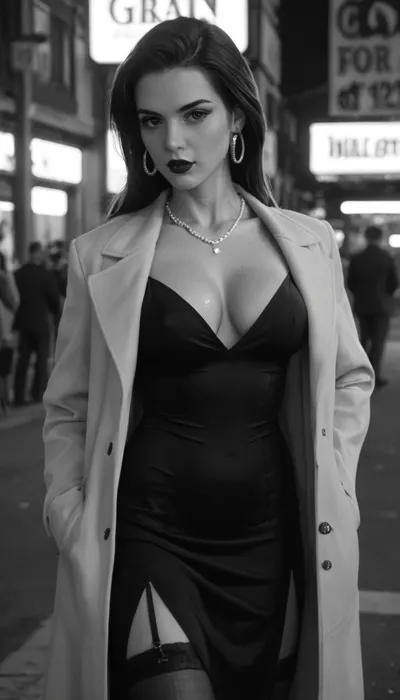 (Monochrome photograph:1.5), (film grain:1.5), Beautiful 1940s female Chicago prostitute working in a film noir setting. Slim and elegant with classic mid-century beauty, bold lipstick, styled hair, sharp confident eyes, large bimbo breasts. Wearing a suggestive 1940s street outfit, fur-collared open coat over a short side slit fitted dress, stockings, subtle jewelry. Standing under a glowing neon sign outside a smoky jazz club on a rainy Chicago street, cigarette in hand, her expression watchful and calculating. Shadows of suspicious figures in the background. Black and white noir photography, grainy 1940s film texture, dramatic moody lighting, tense and cinematic atmosphere.