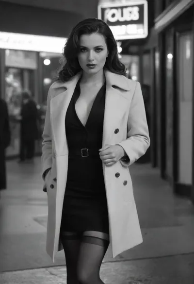 (Monochrome photograph:1.5), (film grain:1.5), Beautiful 1940s female Chicago police officer working undercover in a film noir setting. Slim and elegant with classic mid-century beauty, bold lipstick, softly curled hair, sharp confident eyes. Wearing a modest but suggestive 1940s street outfit, fur-collared coat draped over a short fitted dress, stockings, subtle jewelry. Standing under a glowing neon sign outside a smoky jazz club on a rainy Chicago street, cigarette in hand, her expression watchful and calculating. Shadows of suspicious figures in the background. Black and white noir photography, grainy 1940s film texture, dramatic moody lighting, tense and cinematic atmosphere.