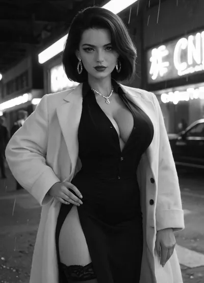 (Monochrome photograph:1.5), (film grain:1.5), Beautiful 1940s female Chicago prostitute working in a film noir setting. Slim and elegant with classic mid-century beauty, bold lipstick, styled hair, sharp confident eyes, large bimbo breasts. Wearing a suggestive 1940s street outfit, fur-collared open coat over a short side slit fitted dress, stockings, subtle jewelry. Standing under a glowing neon sign outside a smoky jazz club on a rainy Chicago street, cigarette in hand, her expression watchful and calculating. Shadows of suspicious figures in the background. Black and white noir photography, grainy 1940s film texture, dramatic moody lighting, tense and cinematic atmosphere.