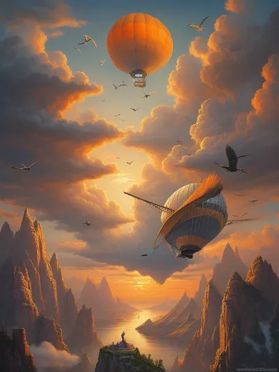 airship, clouds, orangesky, birds, fantasy, floating mountains