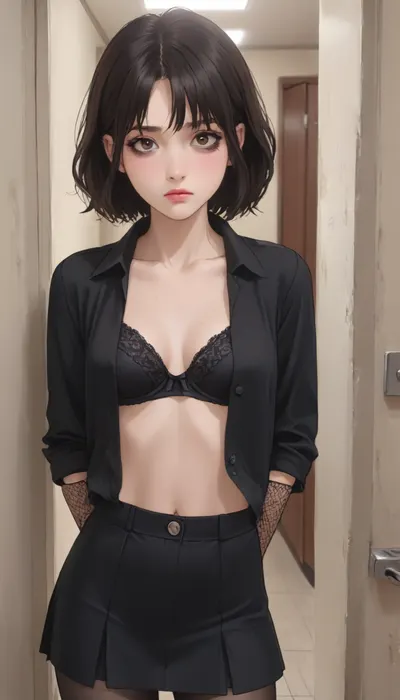 A girl, 18 years old, thin. Black hair, double parting, brown eyes, black mascara around the eyes, gothic makeup. Small, firm breasts, wearing a black shirt, the shirt is unbuttoned, revealing a black bra, long mesh gloves, a short skirt, and black mesh tights. Her face is sad, and she is standing in the hallway of her house, by the door., <lora:outline_xl_kohaku_delta_spv5x:1.6>, <lora:NEOTOKIOXL_0.2_RC:.7>, <lora:Ppolar-P3v1-NbVp10:1.6>, <lora:cartoon_stickers_xl_v1:1.2>, <lora:EnvyStylizedXL01:1.8>