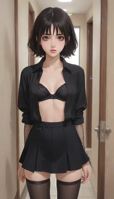 A girl, 18 years old, thin. Black hair, double parting, brown eyes, black mascara around the eyes, gothic makeup. Small, firm breasts, wearing a black shirt, the shirt is unbuttoned, revealing a black bra, long mesh gloves, a short skirt, and black mesh tights. Her face is sad, and she is standing in the hallway of her house, by the door., <lora:outline_xl_kohaku_delta_spv5x:1.6>, <lora:NEOTOKIOXL_0.2_RC:.7>, <lora:Ppolar-P3v1-NbVp10:1.6>, <lora:cartoon_stickers_xl_v1:1.2>, <lora:EnvyStylizedXL01:1.8>