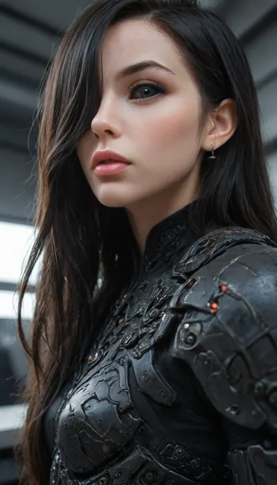(1 extremely evil girl standing inside an extremely evil spaceship), (black sclera eyes), (close angle), side view, (big thin beautiful lips), (extremely small beautiful face), (hair covering one eye:1.2), black hair, (perfect long flat hair), (extremely straight hair), (robotic black mech armor with loincloth), (fully clothed), extremely pale skin, extremely white lips, very long thick eyelashes, (extremely beautiful petite body:1.3), earrings, (cute small breasts:1.3), small waist, (cute bubble butt:1.3), (extremely thin muscular thighs:1.3), long legs, (extremely perfect big evil eyes:1.2), (perfect face:1.3), (8k), extremely evil interior, Coruscant, Office, Interior, <lora:Mecha_Ggorgeous_Armor-000011:1.2>, <lora:Image Enhancer XL Extreme v1:1.2>, <lora:black sclera:2>, <lora:Coruscant_Office_Interior:1.2>