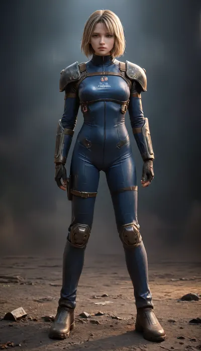 Fallout, Vault Girl, blue jumpsuit with leather shoulder harness and leather protective pads, long legs, symbolism, full-length, sketch, graphic, gray-brown, black background, cell-shading, traces of movement visualization, acceleration effect, Wet watercolor sketch streaks, Cyberpunk, Grunge, The harsh strokes of eroticart, Arush Votsmush, in, the, style, of, fallout-power-armor, <lora:fallout-power-armor-sdxl-v1-000056:.8>
