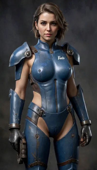 Fallout, Vault Girl, blue jumpsuit with leather shoulder harness and leather protective pads, long legs, symbolism, full-length, sketch, graphic, gray-brown, black background, cell-shading, traces of movement visualization, acceleration effect, Wet watercolor sketch streaks, Cyberpunk, Grunge, The harsh strokes of eroticart, Arush Votsmush, in, the, style, of, fallout-power-armor, <lora:fallout-power-armor-sdxl-v1-000056:.8>