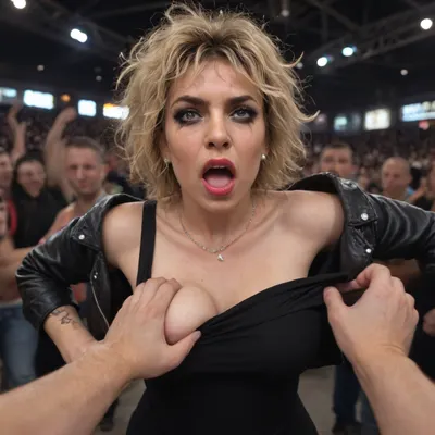 Amateur milf, (milf:1.2), (punk woman), (slutty makeup), (mature:1.2), (wrinkly face), blonde hair, sexy makeup, (surprised look), (angry look), (open mouth), (angry screaming), (standing in thick crowd), breast grab, (male viewer has one hand squeezing breast hard), (pov pulling girls top down:1.2), boob focus, pov, (face close up view:1.3), (upper body view), eyeliner, lipstick, leather jacket, black dress, (short hair:1.2), (messy hair:1.3), (a lot of people:1.4), (public), (crowd:1.3), (at punk rock concert:1.3), (dark concert hall full of people), (slender), (perfect breasts), dark background, (she is swinging a hand:1.2), (she is ready to fight), (indignation:1.2), (aggressive look), (sharp face features:1.2), (narrow face:1.2), (big mouth), big eyes, thick lips, (wide jaw), eide cheekbones, (very drunk)