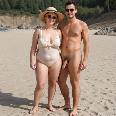 One Woman and one man, clothed female, beach, sunglasses, sunhat, sunny day, short chubby woman, woman young, woman smiling, woman fully clothed, woman wearing robe, woman wearing one piece swimsuit, woman light blonde hairbun, man very tall, man big, man slender, man fully naked, man with flaccid cock, cfnm, full body view, holding hands