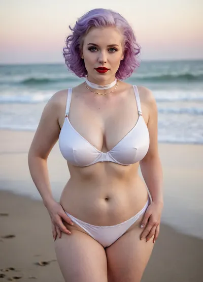 A captivating absolutely albino just 30-year-old 3-feet-height slight chubby woman, slightly smiling, (((wearing heavy old fashioned white bra with big cups))), (sagging breasts:1.4), (flat breasts:1.4), barefoot, on a beach, (brilliant neck choker), red lipstick, purple hair ribbon
