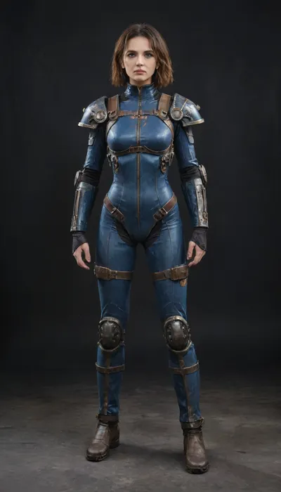 Fallout, Vault Girl, blue jumpsuit with leather shoulder harness and leather protective pads, long legs, symbolism, full-length, sketch, graphic, gray-brown, black background, cell-shading, traces of movement visualization, acceleration effect, Wet watercolor sketch streaks, Cyberpunk, Grunge, The harsh strokes of eroticart, Arush Votsmush, in, the, style, of, fallout-power-armor, <lora:fallout-power-armor-sdxl-v1-000056:.8>