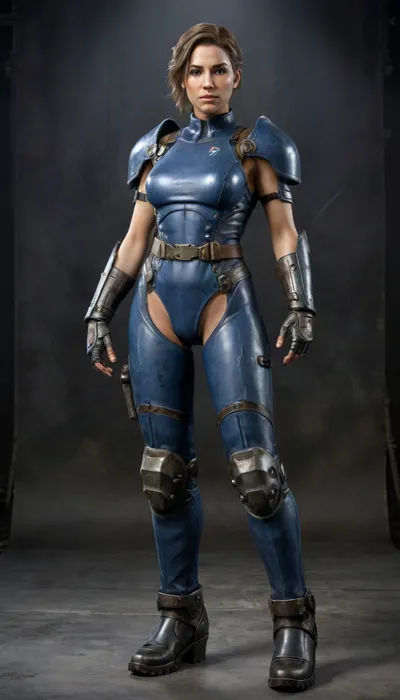 Fallout, Vault Girl, blue jumpsuit with leather shoulder harness and leather protective pads, long legs, symbolism, full-length, sketch, graphic, gray-brown, black background, cell-shading, traces of movement visualization, acceleration effect, Wet watercolor sketch streaks, Cyberpunk, Grunge, The harsh strokes of eroticart, Arush Votsmush, in, the, style, of, fallout-power-armor, <lora:fallout-power-armor-sdxl-v1-000056:.8>