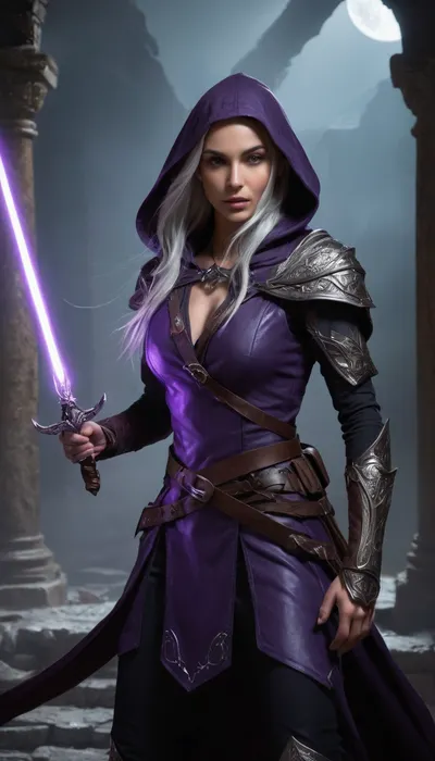 Beautiful female elf shadow monk warrior from Dungeons & Dragons 5e, (2024), . Slim and athletic with graceful elven features, pale flawless skin, sharp angular face, glowing eyes of deep violet, and long silver hair tied back for battle. Wearing a dark hooded cloak of protection that shimmers faintly with magical wards, and elegant bracers of defense engraved with glowing runes. Clad in shadowy monk attire, form-fitting leather and cloth armor, designed for agility and stealth. Dual-wielding two razor-sharp daggers, each catching faint moonlight. Standing in a moonlit ruined temple, shadows swirling around her form as if alive, ready to strike. Ultra-realistic high fantasy art, highly detailed, cinematic dramatic lighting, mystical and dangerous atmosphere.