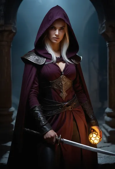 Beautiful female elf shadow monk warrior from Dungeons & Dragons 5e, (2024), . Slim and athletic with graceful elven features, pale flawless skin, sharp angular face, glowing eyes of deep violet, and long silver hair tied back for battle, large bimbo breasts. Wearing a dark hooded cloak of protection that shimmers faintly with magical wards, and elegant bracers of defense engraved with glowing runes. Clad in shadowy monk attire, form-fitting leather and cloth armor, designed for agility and stealth. Dual-wielding two razor-sharp daggers, each catching faint moonlight. Standing in a moonlit ruined temple, shadows swirling around her form as if alive, ready to strike. Ultra-realistic high fantasy art, highly detailed, cinematic dramatic lighting, mystical and dangerous atmosphere.