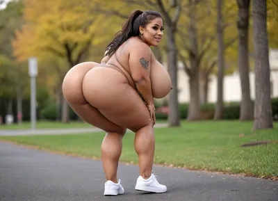 ((Latina)), very black skin, tattooed bimbo, perfect soft brown skin, very curvy body, midget, very small, extremely short, massively chubby, super plump lips, indigenous tribal african face, wearing only sneakers, naked, full body view, bending over facing away, jack o pose, in public. stunningly beautiful woman, curvy woman, voluptuous and mature goddess, view from side, smile face, oiled body, wet body, <lora:uberfit_lora_sdxl:1.2>, <lora:253562_training_data:1.5>, <lora:GiganticBreastsXLv1:1.2>, <lora:ThePitXL:1.5>, <lora:AtomictitsXL:1>