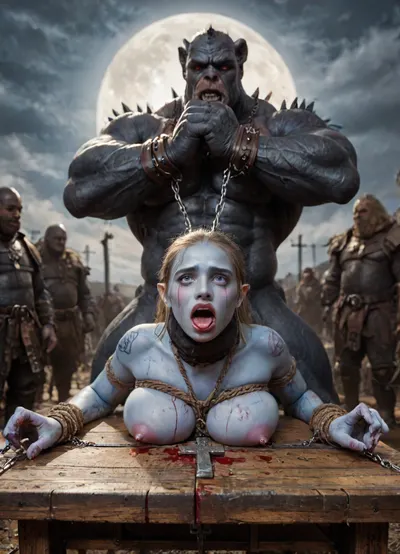 female drow elf barbarian, (blue skin:1.82), tall, angry, busty, curvy, thin waist, big boobs, big butt, slim, fit, vitiligo, strong, fur pelt armor, dungeons and dragons, purplish blue skin, black and purple hair, Dark, Elf, Warrior, Drow, tattooed, scarred, purple eyes, blue skin, amazon, giant, fur barbarian armor, bloody, blood spatter, bear, bear heart, (in a bloody filed after a battle, white full moon in the sky:1.4), (man is choking her from behind:1.4), ((hogtied, bound with large chains, crucified to a torture table, spikes through hands:1.3)), (torture:1.32), (large sharp sword in anus:1.12), cock in mouth, (brutal face fuck), Blowjob, (tears in eyes:1.5), (running makeup), (cum drips from nose:1.3), (cum drips from mouth:1.3), ultra hd, photorealistic, hyper gigantic large black cock in mouth, (((hyper gigantic large black cock in mouth:1.3))), oral cream pie, hair grab, sad crying, tongue out, gasping for air, zavy-brbrn, gangbang, double anal penetration, anal spitroast, groupsex, deepthroat, (4 gigantic African black brute thug, huge trunklike arms, huge head, hyper muscular body, dressed in slave clothes:1.32), ((hogtied, bound for sex, tied up)), (((hyper gigantic large white cock in mouth:1.3))), (pulled nipples:1.2), nipple clamps, (((spitroast))), (((hyper large cock in mouth:1.3))), screaming, shocked, deep anal penetration, Uber realistic, 8k, ultra detailed, masterpiece, arched back, detailxl, 35mm photograph, film, professional, 4k, 1girl, 5 boys, hdr, photographic, ultra realistic, ultra high details, back light, (front view), (dynamic pose), best quality, incredibly lean body, anal sex, with large muscular black men, gargantuan black cocks, large hyper muscular fat old men, (double anal sex), swollen white veiny cocks, (double anal penetration), hardcore double penetration, proper physics, big white cocks, muscular white double anal gangbang, (forceful penetrations), extremely graphic, shocked expression, beautiful hands, defeating a woman in combat, fighting, killing, blood, winning fight, magazine cover, Realism_Quality_2xx_By_Stable_Yogi, score_9, score_8_up, score_7_up, (((very pretty face:1.3))), (((extremely ultra detailed face:1.3))), perfect fingers and hands, upper body view, (extreme size difference:1.6), (ultra realistic), (maximum quality), (high resolution), (extreme detail), (ultra realism), UHD, super high quality, highly detailed, high resolution, perfect lighting, natural lighting, (dynamic angle), (random angle), (random pose), (dynamic view), (random view), golden hour, rich details, nature-inspired color palette, <lora:Dark_Elf_Warrior:2>, <lora:Drow:2>, <lora:339100_training_data:2>, <lora:zavy-brbrn-sdxl:2>, <lora:LCMTurboMix_Euler_A_fix:2>