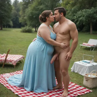 Picnic cfnm scene, naked man with erected cock, fully clothed woman in long dress, (woman old and obese), kissing, full body view, sunny day