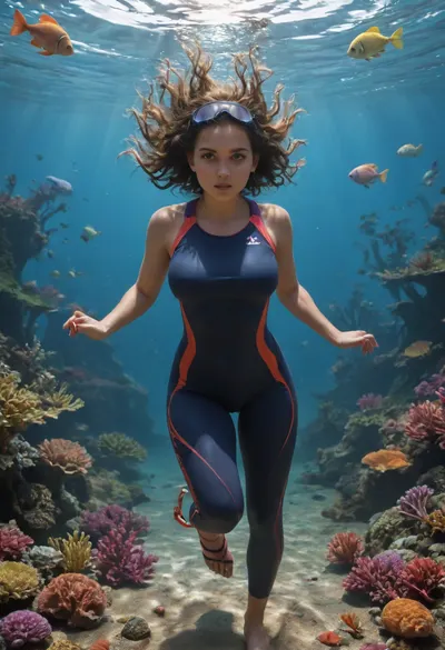(north Europe young woman:1.5), brown eyes, giant breasts, athletic, hourglass, swimming under the sea, sunlight, shadow, Diving Goggles, Diving Regulator, Diving Wetsuit, Flippers, colorful Coral reef, Tropical fish, Jellyfish