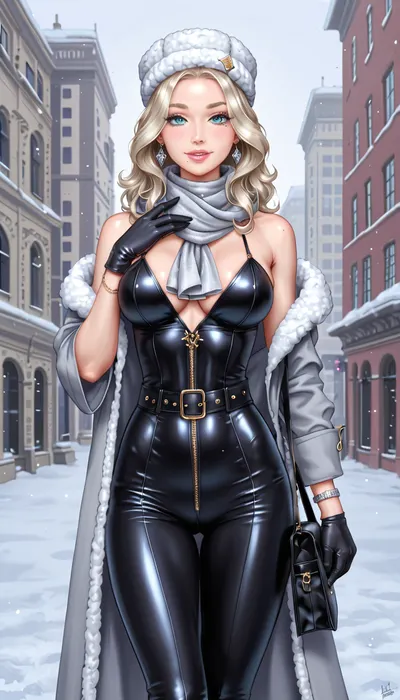 (masterpiece, best quality, highres, photorealistic, ultra-detailed), 1girl, 23-year-old nordic supermodel named Astrid Nyholm, tall statuesque slim curvy body, porcelain fair flawless skin, long silky platinum blonde straight hair with middle part waist-length, forehead smooth and high, defined light brows, ice-blue almond eyes with long curled lashes, double eyelids, straight narrow nose with small symmetrical nostrils, high sharp cheekbones, soft pink cheeks, oval face, glossy full pink lips with beauty mark near lips, small pointed chin, sharp jawline, white even teeth, elegant confident smile, long slender neck, straight shoulders, hidden collarbones, slim arms in black leather gloves, elbows natural, hands elegant under gloves, long fingers and manicured nails concealed, large natural round breasts under coat, firm chest, toned flat stomach, narrow waist, wide hips, round ass, long slender legs, proportional knees, toned thighs, slim calves, delicate ankles, feet in winter heeled boots, wearing deep navy wool coat with belt, grey cashmere scarf, dark grey fitted pants, black leather gloves, wool hat, shoulder bag, diamond stud earrings, silver bracelet, outdoor winter city background, light snow falling, modern architecture, cinematic HDR lighting, soft ambient glow, sharp focus, confident calm expression, elegant posture, <lora:PerfectEyesXL:1>, <lora:Microwaist_XL_v01:.8>, <lora:Beautify-Supermodel-SDXL:1>, <lora:xl_more_art-full_v1:.8>, <lora:add-detail-xl:.8>