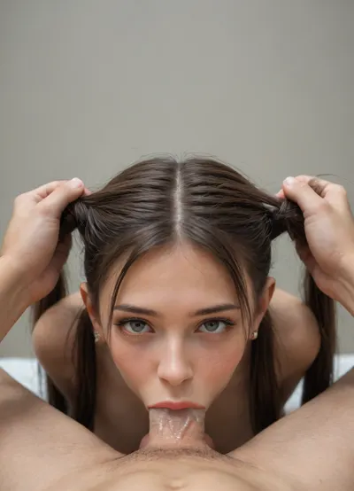 ((Young petite tiny cutie 1girl)), 1boy, straight, penis, solo focus, oral sex, fellatio, (((hair grabbing, irrumation, twintails))), (((hair hold blowjob))), ((pov)), ((front view, looking at viewer)), cum in mouth, big tits, ((shock)), ((long thin twintails hair hold blowjob:1.5)), (((makeup))), (((he came in her mouth, sperm dripping from her mouth))), (very deep throat:1.6)