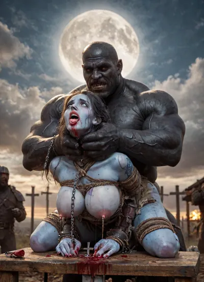 female drow elf barbarian, (blue skin:1.82), tall, angry, busty, curvy, thin waist, big boobs, big butt, slim, fit, vitiligo, strong, fur pelt armor, dungeons and dragons, purplish blue skin, black and purple hair, Dark, Elf, Warrior, Drow, tattooed, scarred, purple eyes, blue skin, amazon, giant, fur barbarian armor, bloody, blood spatter, bear, bear heart, (in a bloody filed after a battle, white full moon in the sky:1.4), (man is choking her from behind:1.4), ((hogtied, bound with large chains, crucified to a torture table, spikes through hands:1.3)), (torture:1.32), (large sharp sword in anus:1.12), cock in mouth, (brutal face fuck), Blowjob, (tears in eyes:1.5), (running makeup), (cum drips from nose:1.3), (cum drips from mouth:1.3), ultra hd, photorealistic, hyper gigantic large black cock in mouth, (((hyper gigantic large black cock in mouth:1.3))), oral cream pie, hair grab, sad crying, tongue out, gasping for air, zavy-brbrn, gangbang, double anal penetration, anal spitroast, groupsex, deepthroat, (4 gigantic African black brute thug, huge trunklike arms, huge head, hyper muscular body, dressed in slave clothes:1.32), ((hogtied, bound for sex, tied up)), (((hyper gigantic large white cock in mouth:1.3))), (pulled nipples:1.2), nipple clamps, (((spitroast))), (((hyper large cock in mouth:1.3))), screaming, shocked, deep anal penetration, Uber realistic, 8k, ultra detailed, masterpiece, arched back, detailxl, 35mm photograph, film, professional, 4k, 1girl, 5 boys, hdr, photographic, ultra realistic, ultra high details, back light, (front view), (dynamic pose), best quality, incredibly lean body, anal sex, with large muscular black men, gargantuan black cocks, large hyper muscular fat old men, (double anal sex), swollen white veiny cocks, (double anal penetration), hardcore double penetration, proper physics, big white cocks, muscular white double anal gangbang, (forceful penetrations), extremely graphic, shocked expression, beautiful hands, defeating a woman in combat, fighting, killing, blood, winning fight, magazine cover, Realism_Quality_2xx_By_Stable_Yogi, score_9, score_8_up, score_7_up, (((very pretty face:1.3))), (((extremely ultra detailed face:1.3))), perfect fingers and hands, upper body view, (extreme size difference:1.6), (ultra realistic), (maximum quality), (high resolution), (extreme detail), (ultra realism), UHD, super high quality, highly detailed, high resolution, perfect lighting, natural lighting, (dynamic angle), (random angle), (random pose), (dynamic view), (random view), golden hour, rich details, nature-inspired color palette, <lora:Dark_Elf_Warrior:2>, <lora:Drow:2>, <lora:339100_training_data:2>, <lora:zavy-brbrn-sdxl:2>, <lora:LCMTurboMix_Euler_A_fix:2>