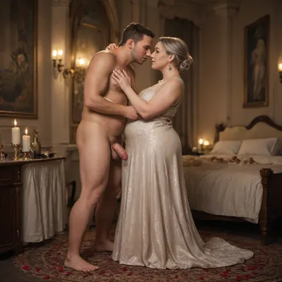 ((Modern bedroom)), naked man with flaccid cock, (man naked:1.5), dim lighting, man young, man tanned, man slim and tall, (woman in long elegant dress:1.5), woman old, (woman obese), womand gray hair, kissing, full body view, candles, petals, happy