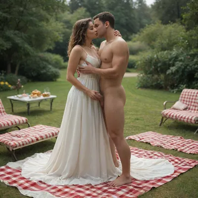 Picnic cfnm scene, naked man with erected cock, fully clothed woman in long dress, kissing, full body view, sunny day