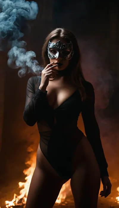 1girl, monstergirl, full body, beatiful, mystery, mysterious, masked half-face, smoke, gloom, calm, threat, sexuality, lust, sexy, danger, pathos, a cool pose, a dominant pose