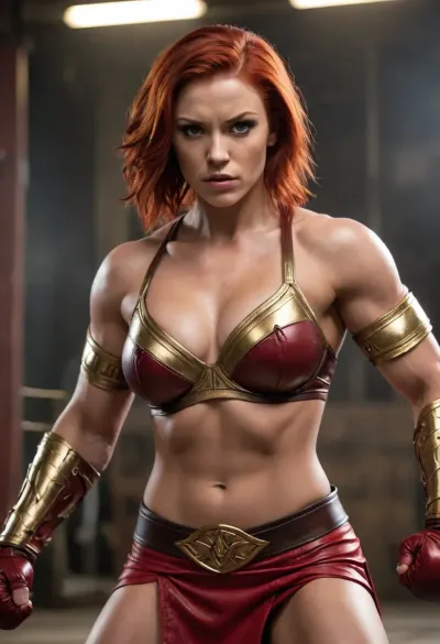 ((muscular female fighter)), ((massive muscles)), hyperrealistic, (tall woman), ((extremely muscular woman)), roman gladiator, broad shoulders, massive breasts, short red hair styled like a gladiator helmet, ((strong physique)), ((detailed thighs abs and arms)), (dark brown leather sports bra with gold accents), (red skirt), gold jewelry, (mma gloves), gladiatorial arena scene, pale tan skin, lots of detail on clothing and armor, sharp expression, (intense expression), aggressive expression, (mid-punch pose), powerful stance, close up view