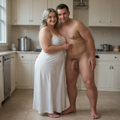 kitchen cfnm scene, naked man, flaccid cock, short chubby woman, woman 70 years old, woman obese, woman smiling, woman wearing colorfull sundress, woman gray hair, (man is very tall:1.3), man is slim and muscular, man fully naked, hugging, full body view