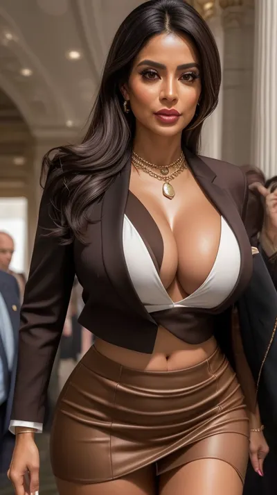 closeup on her chest, high angle, dynamic view, Ultra realistic, realistic skin details, soft smooth skin, 25 yo. politician, mature latina, professional and authoritative, brown skin, eye liner, walking in a capital building, huge boobs, cleavage, wearing a skirt suit, tailored blazer and matching knee length skirt, thin blouse, white hair with highlights, looking away, averted gaze, jewelry, slight belly, ((fully dressed:1.3)), clothes, dark, skin, braless, Wearing, that, make, sense, with, Braless>