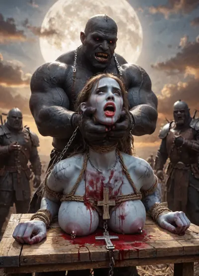 female drow elf barbarian, (blue skin:1.82), tall, angry, busty, curvy, thin waist, big boobs, big butt, slim, fit, vitiligo, strong, fur pelt armor, dungeons and dragons, purplish blue skin, black and purple hair, Dark, Elf, Warrior, Drow, tattooed, scarred, purple eyes, blue skin, amazon, giant, fur barbarian armor, bloody, blood spatter, bear, bear heart, (in a bloody filed after a battle, white full moon in the sky:1.4), (man is choking her from behind:1.4), ((hogtied, bound with large chains, crucified to a torture table, spikes through hands:1.3)), (torture:1.64), (large sharp sword in anus:1.12), cock in mouth, (brutal face fuck), Blowjob, (tears in eyes:1.5), (running makeup), (cum drips from nose:1.3), (cum drips from mouth:1.3), ultra hd, photorealistic, hyper gigantic large black cock in mouth, (((hyper gigantic large black cock in mouth:1.3))), oral cream pie, hair grab, sad crying, tongue out, gasping for air, zavy-brbrn, gangbang, double anal penetration, anal spitroast, groupsex, deepthroat, (4 gigantic African black brute thug, huge trunklike arms, huge head, hyper muscular body, dressed in slave clothes:1.32), ((hogtied, bound for sex, tied up)), (((hyper gigantic large white cock in mouth:1.3))), (pulled nipples:1.2), nipple clamps, (((spitroast))), (((hyper large cock in mouth:1.3))), screaming, shocked, deep anal penetration, Uber realistic, 8k, ultra detailed, masterpiece, arched back, detailxl, 35mm photograph, film, professional, 4k, 1girl, 5 boys, hdr, photographic, ultra realistic, ultra high details, back light, (front view), (dynamic pose), best quality, incredibly lean body, anal sex, with large muscular black men, gargantuan black cocks, large hyper muscular fat old men, (double anal sex), swollen white veiny cocks, (double anal penetration), hardcore double penetration, proper physics, big white cocks, muscular white double anal gangbang, (forceful penetrations), extremely graphic, shocked expression, beautiful hands, defeating a woman in combat, fighting, killing, blood, winning fight, magazine cover, Realism_Quality_2xx_By_Stable_Yogi, score_9, score_8_up, score_7_up, (((very pretty face:1.3))), (((extremely ultra detailed face:1.3))), perfect fingers and hands, upper body view, (extreme size difference:1.6), (ultra realistic), (maximum quality), (high resolution), (extreme detail), (ultra realism), UHD, super high quality, highly detailed, high resolution, perfect lighting, natural lighting, (dynamic angle), (random angle), (random pose), (dynamic view), (random view), golden hour, rich details, nature-inspired color palette, <lora:Dark_Elf_Warrior:2>, <lora:Drow:2>, <lora:339100_training_data:2>, <lora:zavy-brbrn-sdxl:2>, <lora:LCMTurboMix_Euler_A_fix:2>