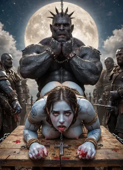 female drow elf barbarian, (blue skin:1.82), tall, angry, busty, curvy, thin waist, big boobs, big butt, slim, fit, vitiligo, strong, fur pelt armor, dungeons and dragons, purplish blue skin, black and purple hair, Dark, Elf, Warrior, Drow, tattooed, scarred, purple eyes, blue skin, amazon, giant, fur barbarian armor, bloody, blood spatter, bear, bear heart, (in a bloody filed after a battle, white full moon in the sky:1.4), (man is choking her from behind:1.4), ((hogtied, bound with large chains, crucified to a torture table, spikes through hands:1.3)), (torture:1.128), (large sharp sword in anus:1.12), cock in mouth, (brutal face fuck), Blowjob, (tears in eyes:1.5), (running makeup), (cum drips from nose:1.3), (cum drips from mouth:1.3), ultra hd, photorealistic, hyper gigantic large black cock in mouth, (((hyper gigantic large black cock in mouth:1.3))), oral cream pie, hair grab, sad crying, tongue out, gasping for air, zavy-brbrn, gangbang, double anal penetration, anal spitroast, groupsex, deepthroat, (4 gigantic African black brute thug, huge trunklike arms, huge head, hyper muscular body, dressed in slave clothes:1.32), ((hogtied, bound for sex, tied up)), (((hyper gigantic large white cock in mouth:1.3))), (pulled nipples:1.2), nipple clamps, (((spitroast))), (((hyper large cock in mouth:1.3))), screaming, shocked, deep anal penetration, Uber realistic, 8k, ultra detailed, masterpiece, arched back, detailxl, 35mm photograph, film, professional, 4k, 1girl, 5 boys, hdr, photographic, ultra realistic, ultra high details, back light, (front view), (dynamic pose), best quality, incredibly lean body, anal sex, with large muscular black men, gargantuan black cocks, large hyper muscular fat old men, (double anal sex), swollen white veiny cocks, (double anal penetration), hardcore double penetration, proper physics, big white cocks, muscular white double anal gangbang, (forceful penetrations), extremely graphic, shocked expression, beautiful hands, defeating a woman in combat, fighting, killing, blood, winning fight, magazine cover, Realism_Quality_2xx_By_Stable_Yogi, score_9, score_8_up, score_7_up, (((very pretty face:1.3))), (((extremely ultra detailed face:1.3))), perfect fingers and hands, upper body view, (extreme size difference:1.6), (ultra realistic), (maximum quality), (high resolution), (extreme detail), (ultra realism), UHD, super high quality, highly detailed, high resolution, perfect lighting, natural lighting, (dynamic angle), (random angle), (random pose), (dynamic view), (random view), golden hour, rich details, nature-inspired color palette, <lora:Dark_Elf_Warrior:2>, <lora:Drow:2>, <lora:339100_training_data:2>, <lora:zavy-brbrn-sdxl:2>, <lora:LCMTurboMix_Euler_A_fix:2>