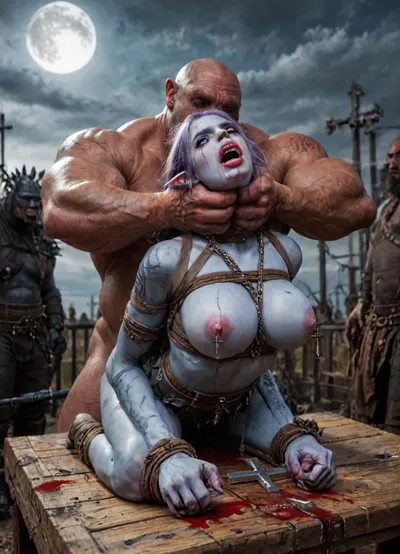 female drow elf barbarian, (blue skin:1.82), tall, angry, busty, curvy, thin waist, big boobs, big butt, slim, fit, vitiligo, strong, fur pelt armor, dungeons and dragons, purplish blue skin, black and purple hair, Dark, Elf, Warrior, Drow, tattooed, scarred, purple eyes, blue skin, amazon, giant, fur barbarian armor, bloody, blood spatter, bear, bear heart, (in a bloody filed after a battle, white full moon in the sky:1.4), (man is choking her from behind:1.4), ((hogtied, bound with large chains, crucified to a torture table, spikes through hands:1.3)), (torture:1.32), (large sharp sword in anus:1.12), cock in mouth, (brutal face fuck), Blowjob, (tears in eyes:1.5), (running makeup), (cum drips from nose:1.3), (cum drips from mouth:1.3), ultra hd, photorealistic, hyper gigantic large black cock in mouth, (((hyper gigantic large black cock in mouth:1.3))), oral cream pie, hair grab, sad crying, tongue out, gasping for air, zavy-brbrn, gangbang, double anal penetration, anal spitroast, groupsex, deepthroat, (4 gigantic African black brute thug, huge trunklike arms, huge head, hyper muscular body, dressed in slave clothes:1.32), ((hogtied, bound for sex, tied up)), (((hyper gigantic large white cock in mouth:1.3))), (pulled nipples:1.2), nipple clamps, (((spitroast))), (((hyper large cock in mouth:1.3))), screaming, shocked, deep anal penetration, Uber realistic, 8k, ultra detailed, masterpiece, arched back, detailxl, 35mm photograph, film, professional, 4k, 1girl, 5 boys, hdr, photographic, ultra realistic, ultra high details, back light, (front view), (dynamic pose), best quality, incredibly lean body, anal sex, with large muscular black men, gargantuan black cocks, large hyper muscular fat old men, (double anal sex), swollen white veiny cocks, (double anal penetration), hardcore double penetration, proper physics, big white cocks, muscular white double anal gangbang, (forceful penetrations), extremely graphic, shocked expression, beautiful hands, defeating a woman in combat, fighting, killing, blood, winning fight, magazine cover, Realism_Quality_2xx_By_Stable_Yogi, score_9, score_8_up, score_7_up, (((very pretty face:1.3))), (((extremely ultra detailed face:1.3))), perfect fingers and hands, upper body view, (extreme size difference:1.6), (ultra realistic), (maximum quality), (high resolution), (extreme detail), (ultra realism), UHD, super high quality, highly detailed, high resolution, perfect lighting, natural lighting, (dynamic angle), (random angle), (random pose), (dynamic view), (random view), golden hour, rich details, nature-inspired color palette, <lora:Dark_Elf_Warrior:2>, <lora:Drow:2>, <lora:339100_training_data:2>, <lora:zavy-brbrn-sdxl:2>, <lora:LCMTurboMix_Euler_A_fix:2>