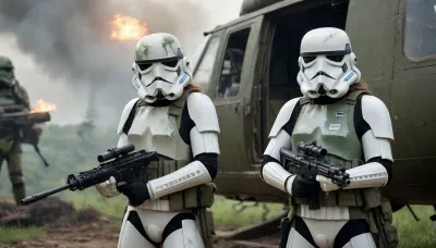 2 girls, Stormtrooper from Star Wars in Stormtrooper face mask and detailed green and dirt combat armor, Holding a heavy blaster, in the cargo hold of a Huey helicopter with the door open, Vietnamese landscape in the background, explosions, combat, frontlight, blurry background, cinematic_lighting, dynamic, dramatic, green camouflage in the style of Vietnam
