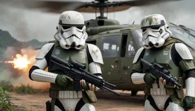 2 men, Stormtrooper from Star Wars in Stormtrooper face mask and detailed green and dirt combat armor, Holding a heavy blaster, in the cargo hold of a Huey helicopter with the door open, Vietnamese landscape in the background, explosions, combat, frontlight, blurry background, cinematic_lighting, dynamic, dramatic, green camouflage in the style of Vietnam