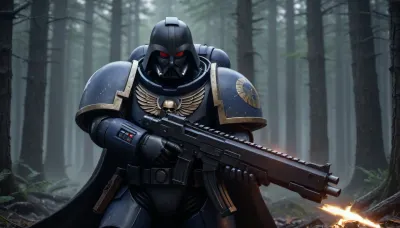 Darth Vader in a space marine's power armor on the battlefield, fighting against Wookiee in the Star Wars forest, Knight, black armor, black hood, holding, bolter, power, primaris, helmet, <lora:primaris_marine-knight_armor-000007:.8>