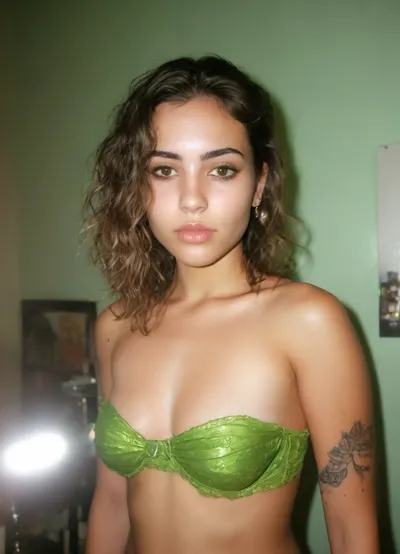 (casual photo flash), motion blur, (slightly overexposed:2), (nighttime), (no ambient light), (single harsh flash from the camera), (overexposed flash highlights subject), (sharp shadows behind and around her), (noise in all darker areas), (wet surfaces reflecting small highlights), (flat lighting due to direct flash), (cool white balance:1.3), (green and yellow-tinted shadows from digital camera sensor), (fluorescent-like artificial lighting tint), (background remains visible due to flash, but lacks blur or depth), (backrooms environment:2), (scene "Myspace"), (2000s), (90s digital aesthetic), (flat chested), (low quality photo), (old camera), (flash photo), (gritty), (realistic environment), (analogic style), (film grain), (low contrast), (unfiltered), (jpeg artifacts), (unedited), (cellphone photography), (no ambient lighting), (lights off), (Polaroid flash camera), (cool indoor lighting), (direct flash photography), (overexposed flash), (strong shadows), (sharp shadows), (low contrast:2), (noise in dark areas), (shiny reflection on surfaces), (sharp background), (background in focus), (no background blur), (clear background details), (fluorescent lighting tint), (green and yellow-tinted shadows), (artificial lighting with green and yellow hue), (tattoos), (optional), (Myspace), (picture), (bad quality), (old digital camera), (raw), (light leak), (low res), (low quality), (90s style), (80s), (analogic), (1990s), ((high angle:1.6)), Ultra definition image, extremely big breast, latina girl, square-ish head, shaved pussy, grab brown pussy, Mexican, 19 years old, very deep dimple on cheeks, Hispanic Social media babe in her room being sexy, ig baddie, she's completely naked, no clothing, short platinum blonde hair with curls, puffy, brown nipples, dark, ghost, wide, polaroid, film, photography, longnightout, <lora:detailed_notrigger:1>, <lora:MJ52:.8>, <lora:Nipples XL:.8>, <lora:Polaroidv2:1>, <lora:late night out_epoch_12:.8>